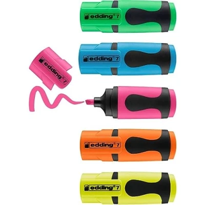 Bild av edding 7 mini highlighter set neonfärger 5 highlighterpennor snedskuren spets 13 mm liten i trendiga färger för punktlistor, skolan, högskolan, universitetet eller kontoret