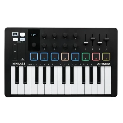 Bild av Arturia MiniLab 3 universell MIDI kontroll för musikproduktion, med allt i ett programvarupaket 25 knappar, 8 flerfärgade kuddar svart