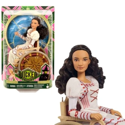 Bild av Mattel Wicked Nessaros modedocka och tillbehör, inklusive rullstol, med brunt, lockigt hår, olika positioner möjliga utdragbar balklänning, HXY36