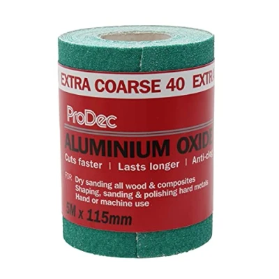 Bild av ProDec 5 m rulle 40 korn extra grov kvalitet grön aluminiumoxid slipande slippapper för slipning av trä, färg, gips, fyllning, metall med mera, 115 mm brett sandpapper kompatibelt