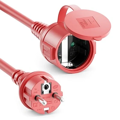 Bild av deleyCON 25m Utomhus Förlängningskabel Extremt Väderbeständig IP44 Kabel av Gummi för Permanent Användning Skyddskontakt Plugg Typ F (CEE 7/4) till Uttag 7/3) Röd
