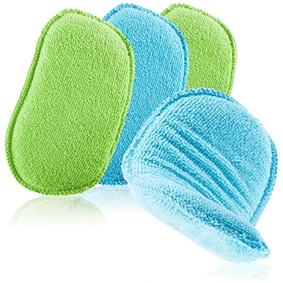Bild av COM FOUR® 4x bilsvamp i mikrofiber toppbilvård med absorberande tvättsvamp biltvätt återanvändbar polersvamp (4 st blå/grön)