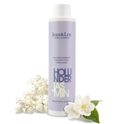 Bild av Jean &amp; Len Volume Shampoo Holder Jasmin, för kraftlöst och fint hår, ger volym, fruktig blommig doft, utan parabener silikoner, vegansk, 300 ml