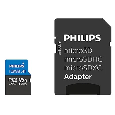 Bild av Philips Ultra Pro microSDXC kort 128 GB SD adapter UHS I U3 läser upp till 100 MB/s A1 Fast App Performance V30 minneskort för smartphones, surfplatta PC, kortläsare, 4K UHD video