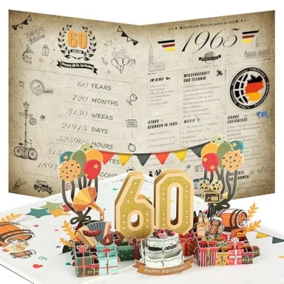 Bild av Joyoldelf 60. födelsedagskort, 1965 årgång tidning 3D popup gratulationskort med kuvert, vintage födelsedagspresenter för man och kvinna