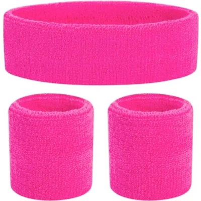 Bild av 3 i 1 svettband rosa set med pannband som tillbehör mulletdräkt för retro neon 80 talet 90 talskarneval &amp; karneval