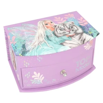 Bild av Depesche 12718 TOPModel Fantasy Tiger litet smyckeskrin i lila, med femotiv, smyckeslåda spegel och gångjärnslock