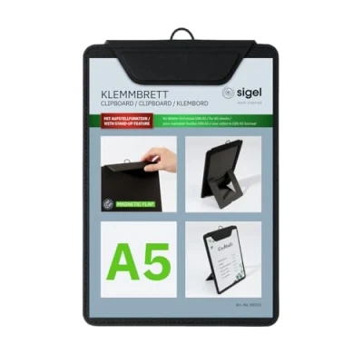 Bild av Sigel KB101 Klämbräda A5, svart, med stativfunktion, stabil, snygg klippbräda ädel linnestruktur, slitstark och lätt att torka av