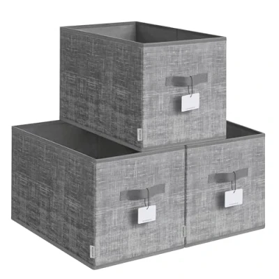Bild av SONGMICS Set med 3 hopfällbara förvaringslådor i tyg 50 x 30 cm för garderob, 2 handtag, etikett, sovrum, vardagsrum, Reed Grey ROB450G01