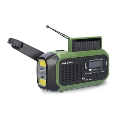 Bild av Nödfallradio bärbar version DAB+/FM batteridriven/handvev/soldriven/strömförsörjning via USB väckarklocka grön/svart