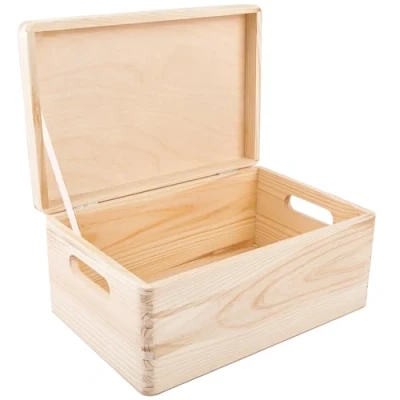 Bild av Creative Deco Stor Trälåda Förvaringsleksak Minnessak Trä 30x20x13cm (+/ 1cm) med Lock Handtag Omålad Julklappslåda Julen Leksaksverktyg Dokumentminne Bröst att Dekorera RÅV &amp; OSANDAD
