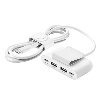 Bild av Belkin 4 portars USB strömförlängare med inbyggd 2 m kabel, C och A portar, adapter 30 W utgång, snabbladdning för iPhone 14 Samsung Galaxy S23, miljövänlig design