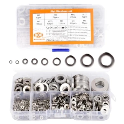 Bild av 800 st. brickor set rostfritt stål, platta metallskivor brickor, sortiment, säkringsskivor, M2 M2.5 M3 M4 M5 M6 M8 M10 M12 för skruvar (9 storlekar)