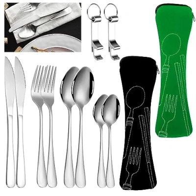 Bild av VBXPOU Camping bestickset 2 set resebestick med fodral, fältbestick bestick för resor kniv gaffel sked flasköppnare picknick