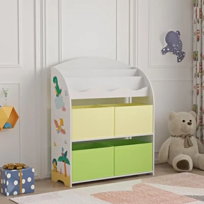 Bild av [en.casa] Barnbokhylla Orust barnhylla med motiv leksaksskåp 97,5 x 82,5 29,5 cm 4 förvaringslådor dinosauriemotiv