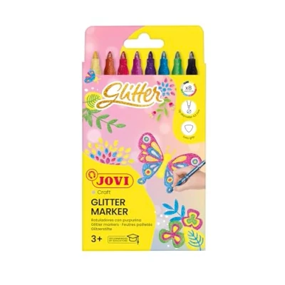 Bild av Jovi GLITTER pennor, Box med 8 Assorted Colors glittereffekt, Mycket stark och resistent spets, Bläck gjord av matfärger (1608G)