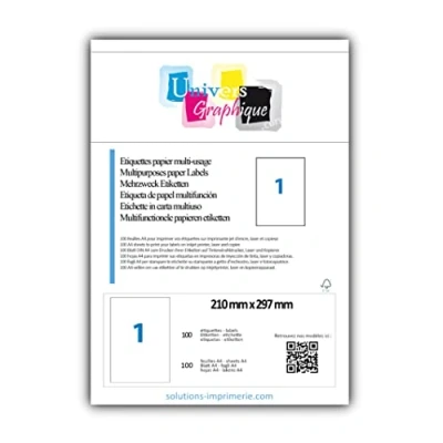 Bild av 100 ark A4 vitt självhäftande papper etikett 210 x 297 mm permanent bräda med 1 UNIVERS GRAPHISK UGEA4 Faktura avdragbar moms