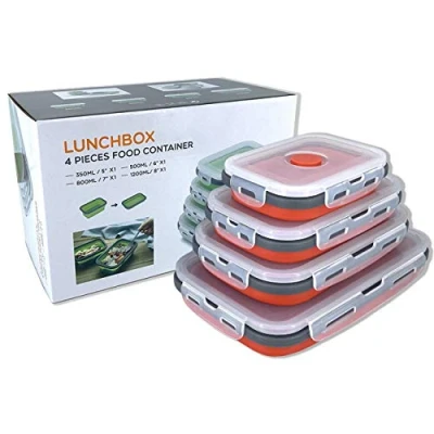 Bild av Hopfällbar silikon matförvaringsbehållare med lock, bärbar lunch bentolåda utomhus picknickbox platsbesparande, mikrovågsugn, diskmaskin och frys, set 4 (röd)