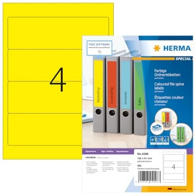 Bild av HERMA 4296 mappetiketter A4 kort/bred (192 x 61 mm, 100 ark, papper, matt) självhäftande, utskrivbara, permanenta mappa ryggetiketter, 400 filetiketter, gul