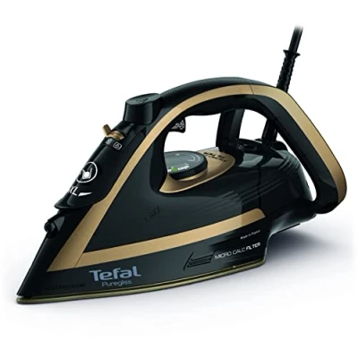Bild av Tefal FV8064 Puregliss Ångstrykjärn på 3 000 watt med ångpuff 280 g/min, variabel ånga 050 vertikal ånga, Durilium AirGlide Autoclean stryksula och Micro Calc filter, svart/guld