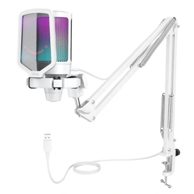 Bild av FIFINE USB mikrofon PC spel med arm, vit för MAC PS4 PS5 tystgående knapp, popfilter, shock mount streaming podcast studio