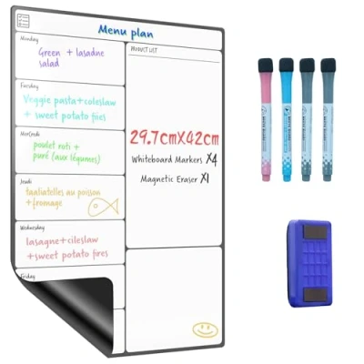 Bild av Magnetisk whiteboard för kylskåp A3, veckoplanerare, torrtorkbräda uppgifter, att göra listor, shopping, måltidsplanering hem, kontor med 4 pennor torra suddbara suddgummi SURFOU