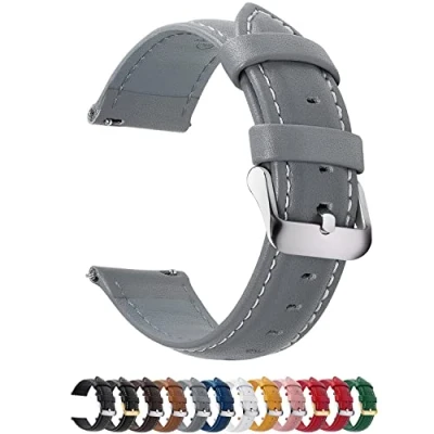 Bild av Fullmosa Klockband i äkta läder, 14/16/18/19/20/22/24 mm, 12 färger, Axus klocka, snabbkopplingsarmband, 18 grå