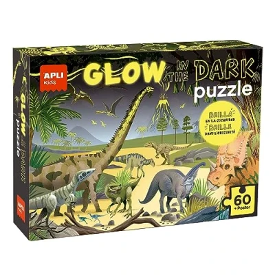 Bild av APLI Kids 19435 Glow in the Dark Fluorescerande pussel dinosaurier med neoneffekt, lyser i mörkret 60 stycken storlek 6 x cm