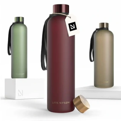 Bild av LARS NYSØM Vattenflaska 1l Ultralätt Tritan Sportflaska läckagesäker, kolsyrad lämplig för sport, kontor, yoga 2 lock ingår (Red Gold, 1000ml)