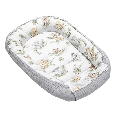 Bild av Medi Partners Babybo, gosigt bo bebisbo, 100% bomull, vaffle, resesäng för spädbarn, 100 x 60 15 cm, säker stängning (‎Safari med grå våffel)
