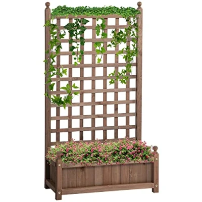 Bild av Outsunny Växtlåda med spaljé blomlåda stående planteringskruka dim. 64 l x 28 120 cm bevattningsinsatser inklusive behandlat granträ
