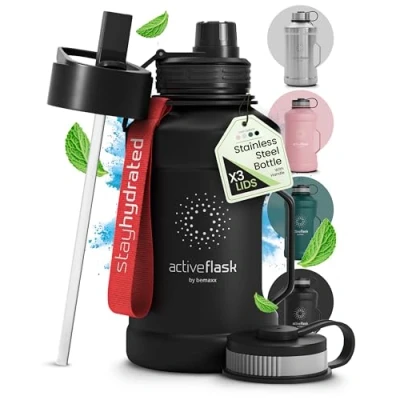 Bild av Dricksflaska Rostfritt Stål ACTIVE FLASK + Sugrör (3 Lock) Stor 1,3/2,2 Liter Sportflaska BPA Fri Läckagesäker Kolsyrad, 2l XL Vattenflaska Sport Utomhus Kondition