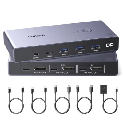 Bild av UGREEN 8K@60Hz Displayport KVM switch, DP 1,4 switch 2 st 1 monitor, 4K@240 Hz, 4 port USB C, av tangentbord, mus, hårddisk, skrivare och