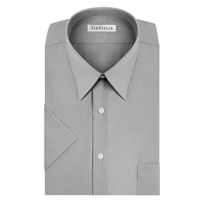 Bild av Van Heusen kortärmad herrskjorta normal passform poplin solid, Grå sten, 18.5&quot; Neck