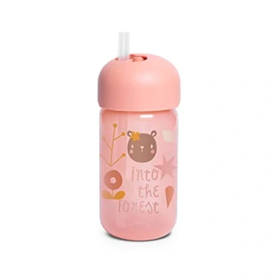 Bild av Suavinex, Flaska med sugrör för barn och spädbarn, lärande mugg silikonsugrör, läckagesäker glas, hygienisk, lock spädbarn +18 månader, 340 ml, rosa