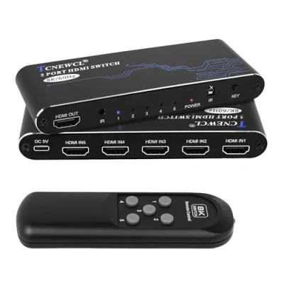 Bild av TCNEWCL HDMI 2.1 omkopplare 5 i 1 out, 4K 120Hz/8K 60Hz port, x switchväljare video med IR fjärrkontroll, för PS5/PS4/Xbox/Blu ray spelare/HDTV/DVD