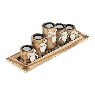 Bild av Relaxdays värmeljushållare set med bricka och stenar, 39,5 cm lång, 5 ljushållare, bordsdekoration vardagsrum matbord, brun