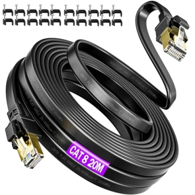 Bild av Cat8 Nätverkskabel Flat 20m, Cat 8 Ethernet Kabel Höghastighets LAN 20m 40Gbps 2000MHz FTP Skärmad Gigabit Cable RJ45 Patchkabel Lång Internetkabel för Router, Modem (20 kabelklämmor)