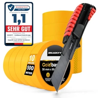 Bild av HASKYY Guldband målningstejp 10 x målarband 30 mm 50 m inkl. mattkniv i aluminium professionellt set för skarpa färgkanter, självhäftande maskeringstejp, skärkniv med extra vass SK5 blad