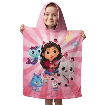 Bild av Jerry Fabrics Gabbys dockhus poncho med huva för barn, 100 % bomull, 115 x 50 cm strandbad pandy tass merkat tårta kattälva present till flickor pojkar småbarn