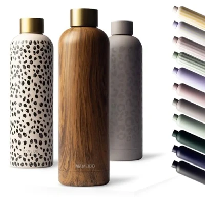 Bild av MAMEIDO dricksflaska rostfritt stål 1l läckagesäker termosflaska, kolsyra lämplig, BPA fri, isolerad flaska 12h varm &amp; 24h kall (Oak Wood Gold, 1000ml)