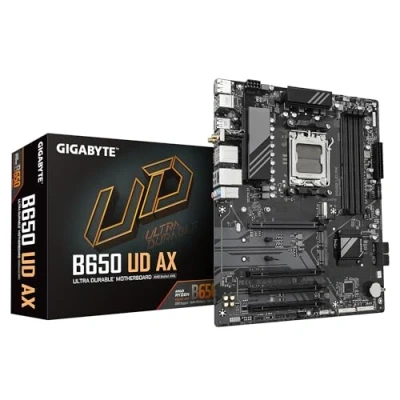 Bild av GIGABYTE B650 UD AX moderkort AMD Ryzen 9000 seriens processorer, 6+2+2 faser VRM, upp till 7600 MHz DDR5 (OC), 1xPCIe 5.0 + 2xPCIe 4.0 M.2, GbE LAN, WIFI 6, USB 3.2 Gen 2
