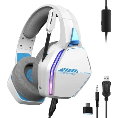 Bild av Oniverse spelheadset för PS5 PS4 Switch Xbox PC Mac med justerbar mikrofon, LED, 50 mm högtalare, ventilerande tygkuddar stereo gaming headset Nebula (Arctic White/Vit)