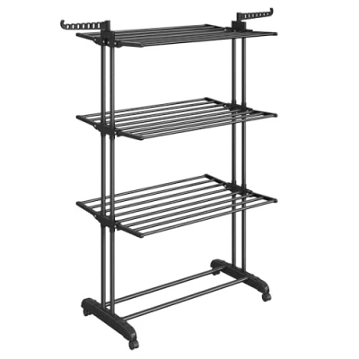 Bild av Songmics Tvättställ, stående torktumlare 4 nivåer, vingklädställ, vikbara vingar, med hjul, 63,5 x 128 173 cm, stor, enkel konstruktion, för inomhus och utomhusbruk, bläcksvart LLR701B01