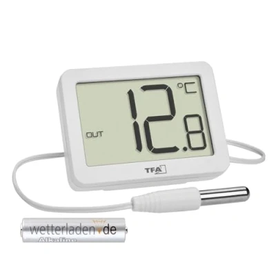 Bild av TFA Dostmann Digital inomhustermometer, 30,1066, inklusive vattentät temperaturgivare, högsta och lägsta värden, med magnet/stativ, (vit batteri)
