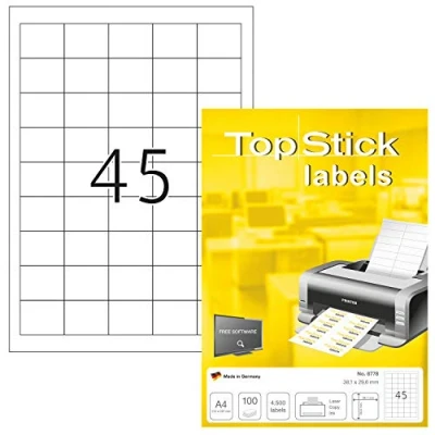 Bild av TopStick 8778 universella etiketter A4 små (38,1 x 29,6 mm, 100 ark, papper, matt) självhäftande, utskrivbara, permanenta adressetiketter, 4 500 klistermärken, vit