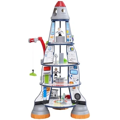 Bild av KidKraft 3 sektion raket skepp lekset med rörlig kran, astronauter, utomjordingar och robotar, present till åldrarna 3+