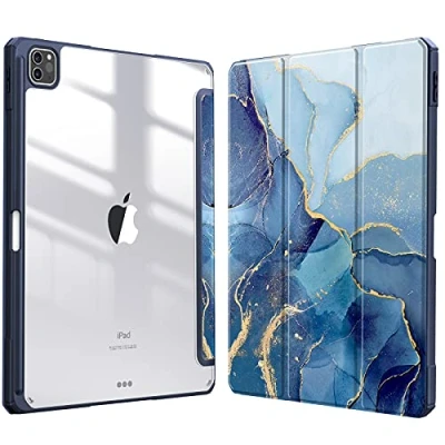Bild av FINTIE Hybrid Slim fodral för iPad Pro 12,9 tum 5:e generationen 2021 [Inbyggd pennhållare] stöttåligt med klart transparent skal på baksidan, passar också 4:e/3:e generationen, Ocean marmor