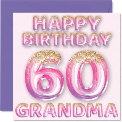 Bild av 60:e födelsedagskort för mormor rosa och lila glitterballonger grattis på 60 år gammal från barnbarn, 145 mm x födelsedag gratulationskort present