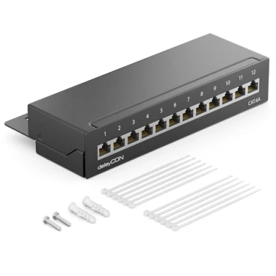 Bild av deleyCON CAT 6a Patch Panel Distributionspanel 12 Port Stationär och Väggmonterad Skärmad 12x RJ45 Hona TIA568A TIA568B Svart
